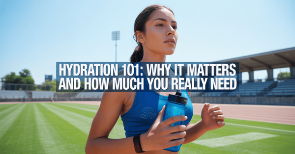 young student-athlete drinking water from a sports bottle on an outdoor track field in bright daylight.